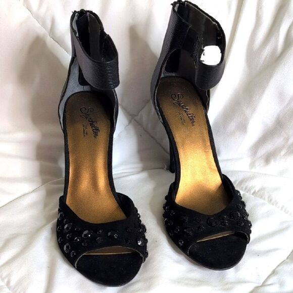 Seychelles size 8 Black Rhinestone Open Toe Heels with Ankle Strap - Picture 1 of 14